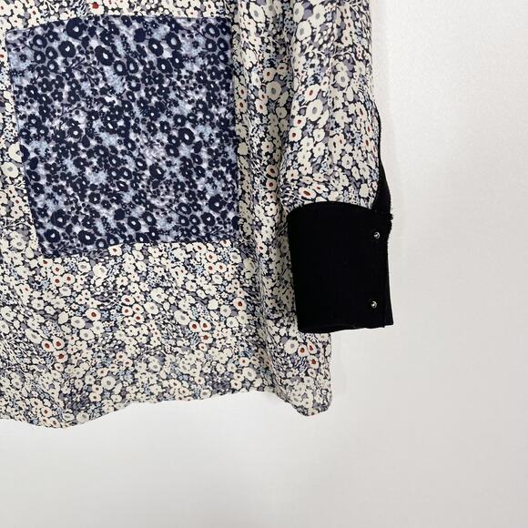 Derek Lam 10 Crosby Womens 4 Blue Ivory Floral Silk Windowpane Blouse Keyhole - Picture 5 of 12